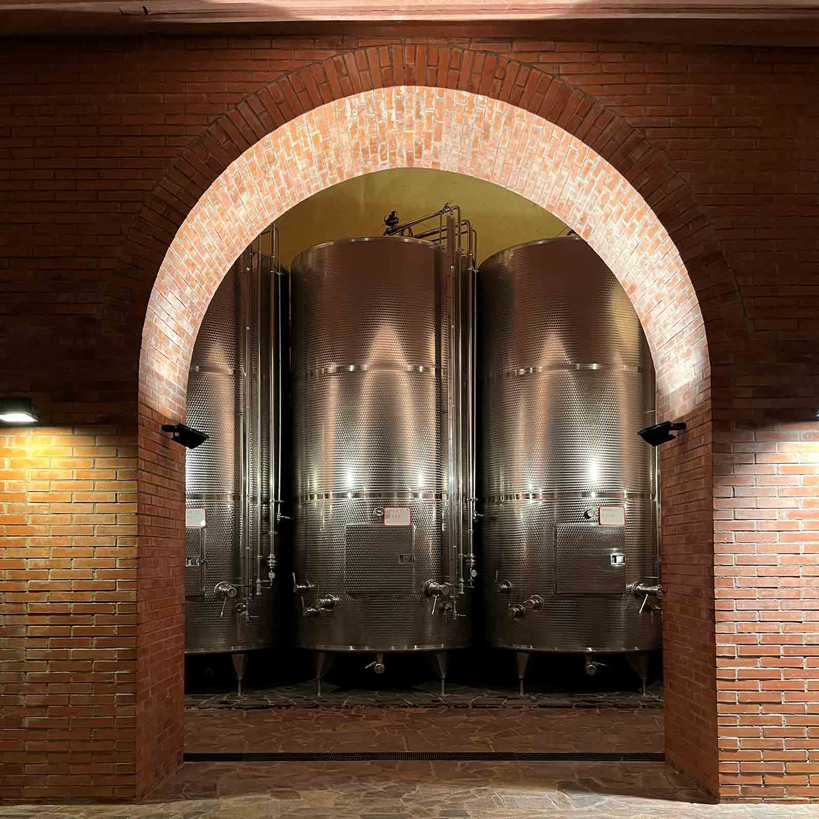 Back-lit wine bottles in Anselmi's cellar