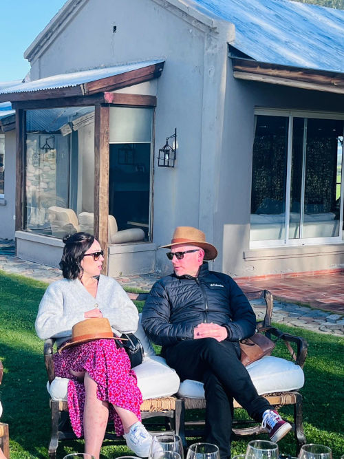 Charlotte sitting on bench  on South America trip