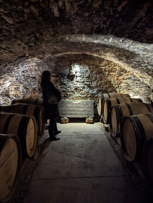 The Drouhin cellar and wooden barrels lined up