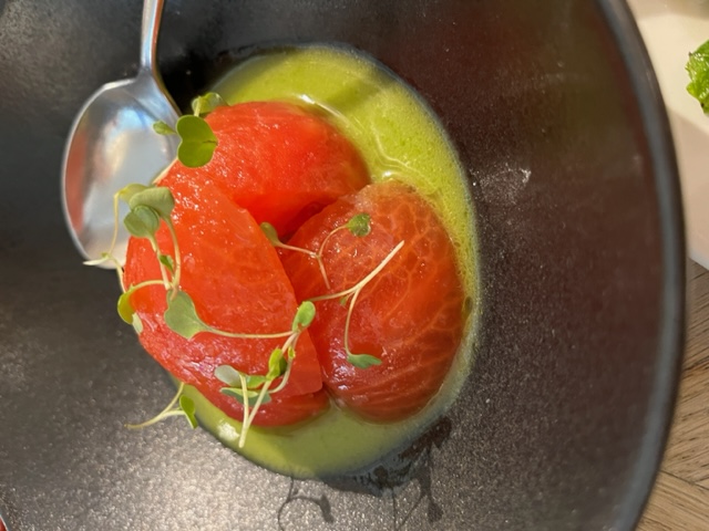 Enjoying a tomato dish with Ramón Bilbao