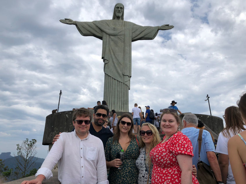 Caitlin and group at Christ the Redeemer statue in Brazil